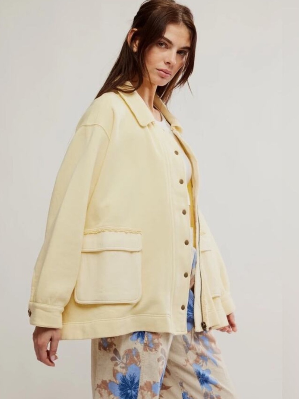Free People Alexa Oversized Sweatshirt Jacket in Golden Yellow Lace Trim Pocket